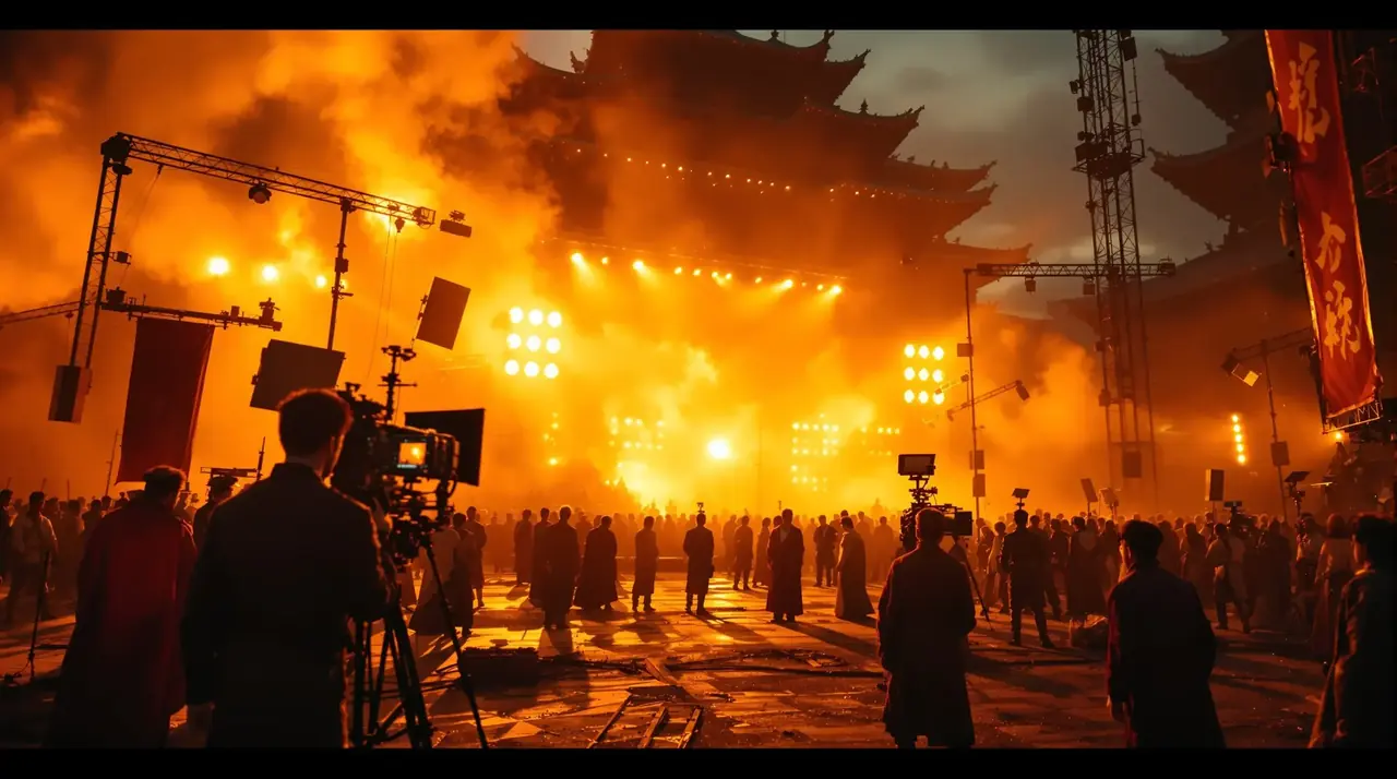 天天视频城摄影棚全景，古风宫殿与片场灯光交相辉映